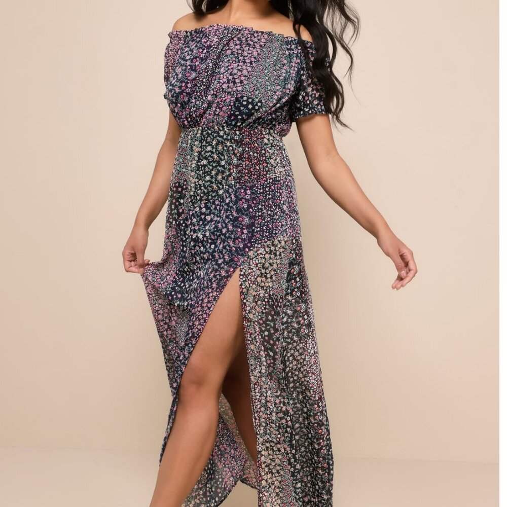 Lulus Blue Floral Off Shoulder Maxi Dress New Large Neva Navy Blue Floral Print - Picture 6 of 15